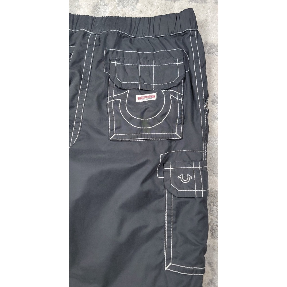 True Religion Mens Black Cargo Stitching Elastic Waist Pockets Pants Sz 30-32x31 - Picture 8 of 8